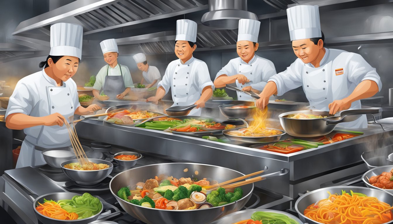 A bustling restaurant kitchen with sizzling woks, colorful ingredients, and chefs expertly chopping and stirring dishes at Culinary Delights Beng Hiang