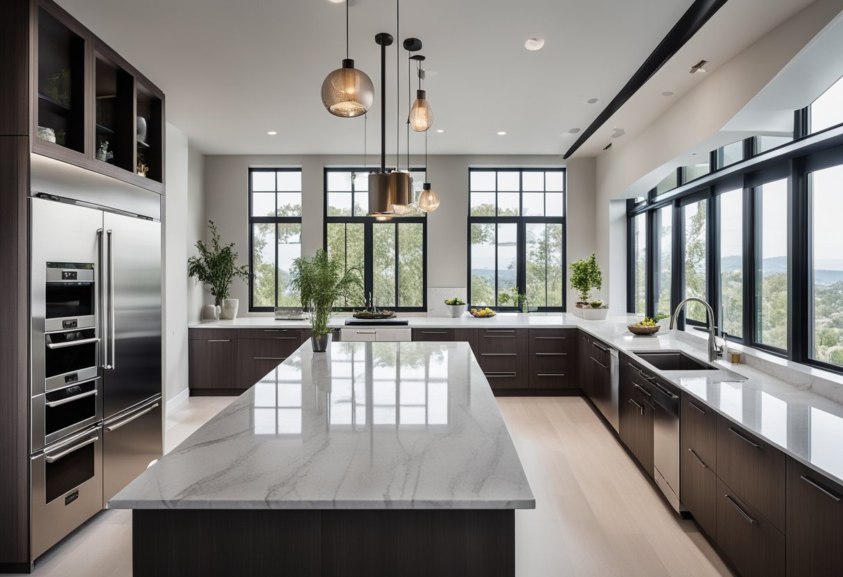 A modern kitchen with sleek cabinets, marble countertops, and a large island. The space is filled with natural light from a row of windows and features stainless steel appliances