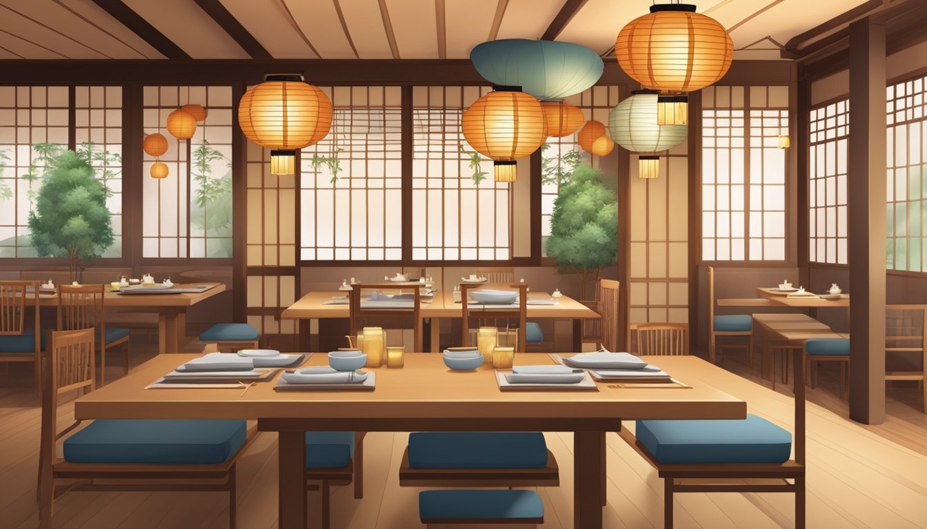 A cozy Japanese restaurant with paper lanterns, bamboo decorations, and a traditional low dining table with floor cushions