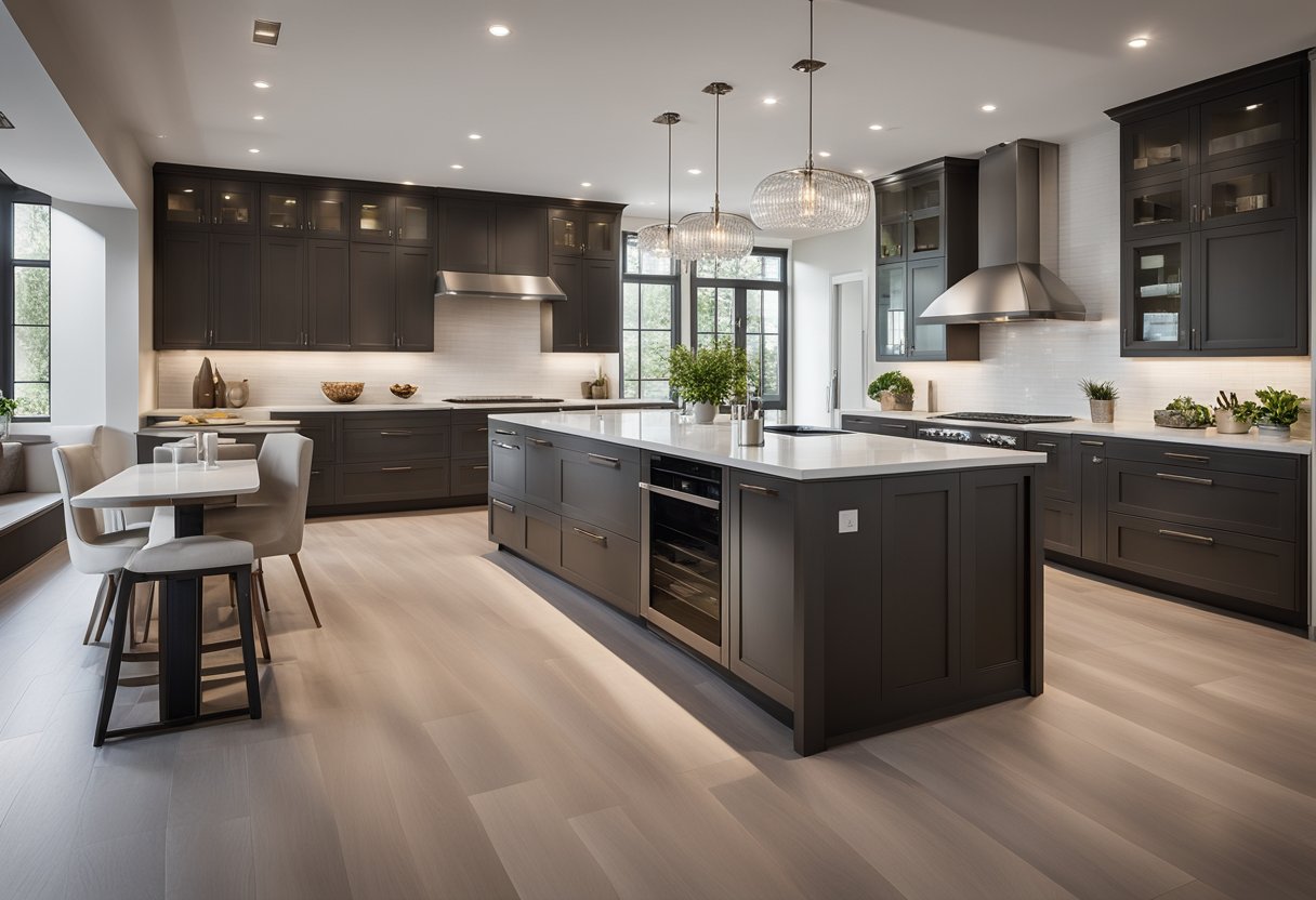 A spacious kitchen with modern appliances, ample storage, and a large island. Natural light floods in through large windows, highlighting the sleek countertops and elegant fixtures