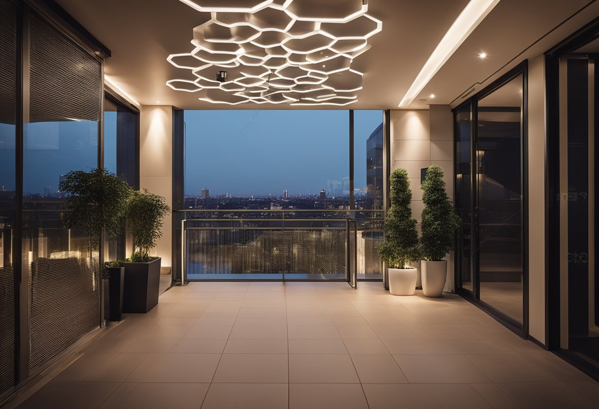 A modern balcony with a sleek false ceiling design, featuring innovative lighting fixtures creating a sophisticated and stylish ambiance