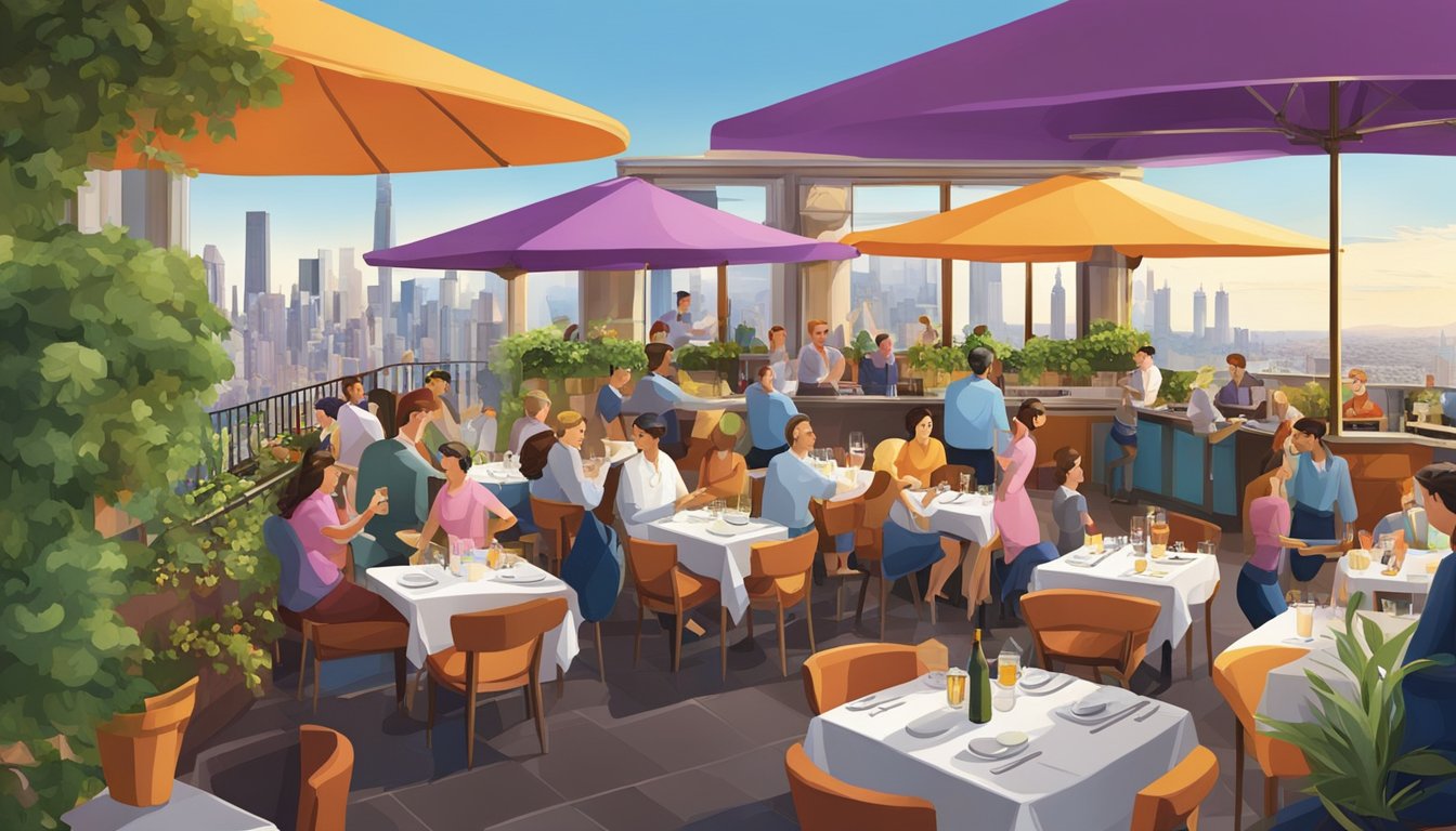 A bustling Italian restaurant with a vibrant rooftop bar. The restaurant is filled with diners enjoying delicious food, while the rooftop bar offers stunning views of the city skyline