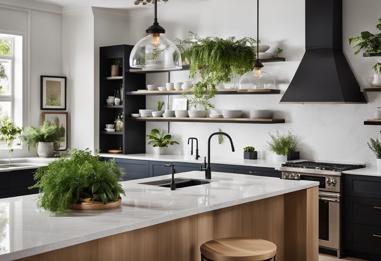 A modern kitchen with sleek, minimalist cabinetry, marble countertops, and a large central island with pendant lighting. Open shelving displays stylish dishware and greenery adds a touch of natural warmth
