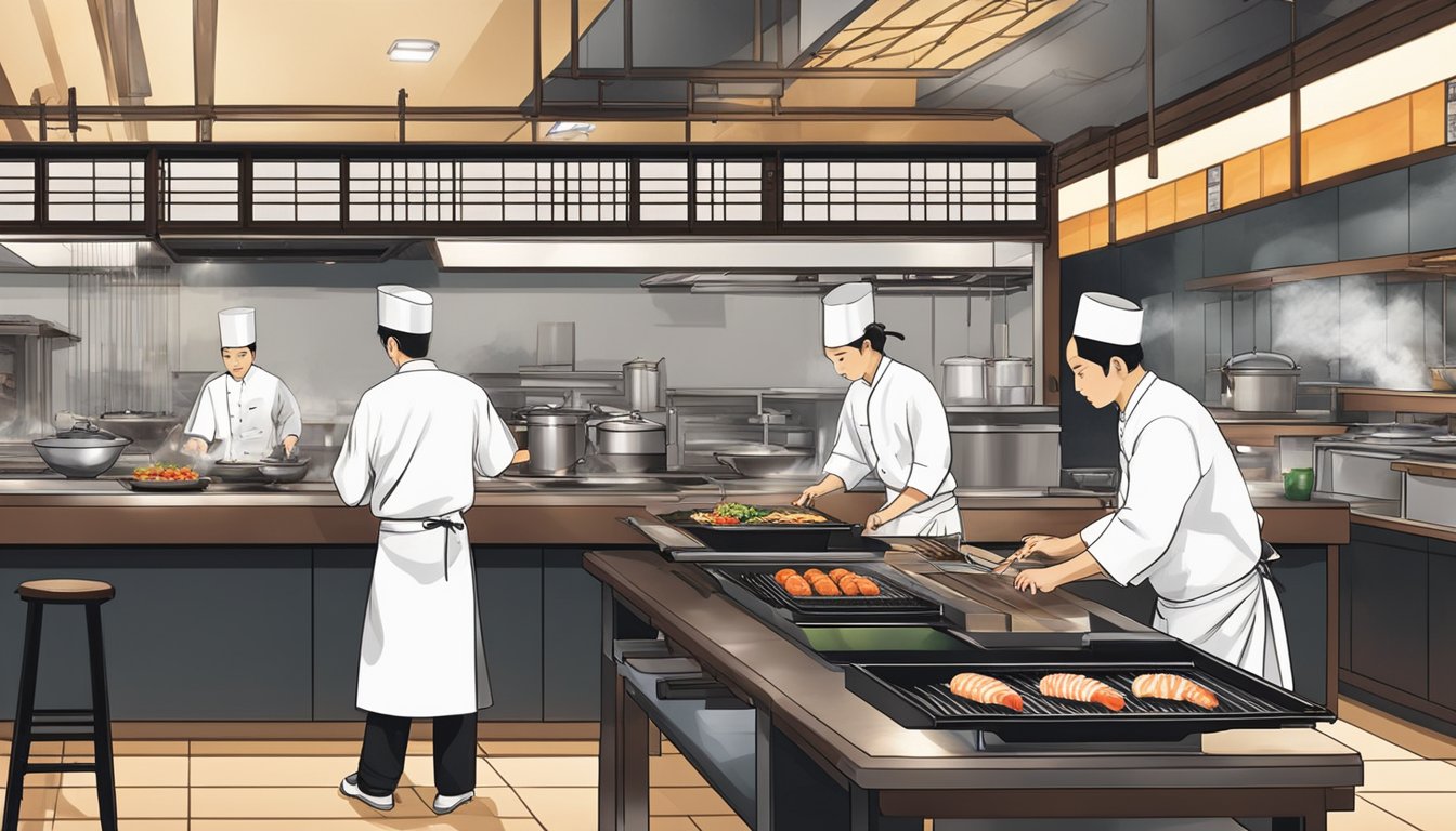 The bustling kitchen at Himawari Japanese restaurant, chefs preparing sushi and sizzling teppanyaki on the open grills