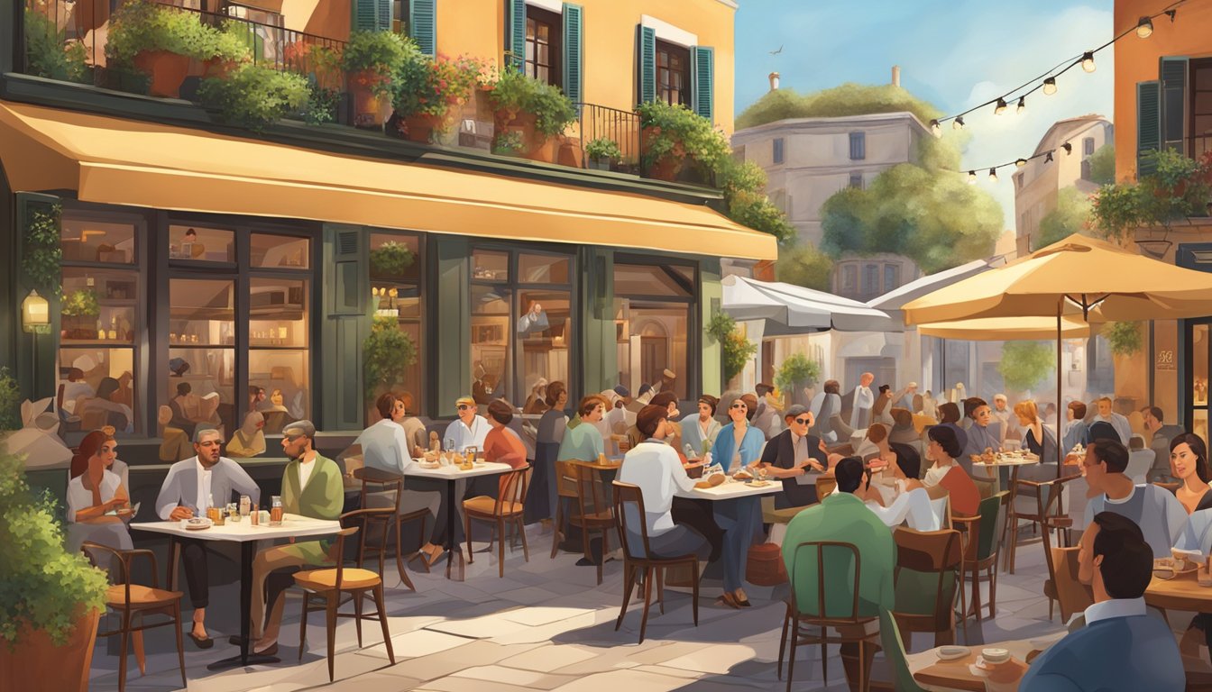 A bustling Italian restaurant with a rooftop bar, filled with diners enjoying delicious cuisine and lively conversation