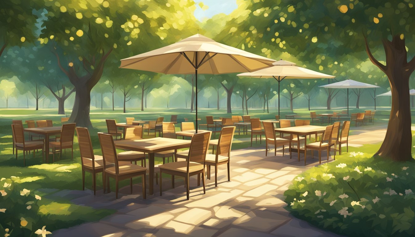 Lush orchard with tables, chairs, and umbrellas. Sunlight filters through the leaves, creating dappled patterns on the ground. A peaceful, inviting atmosphere