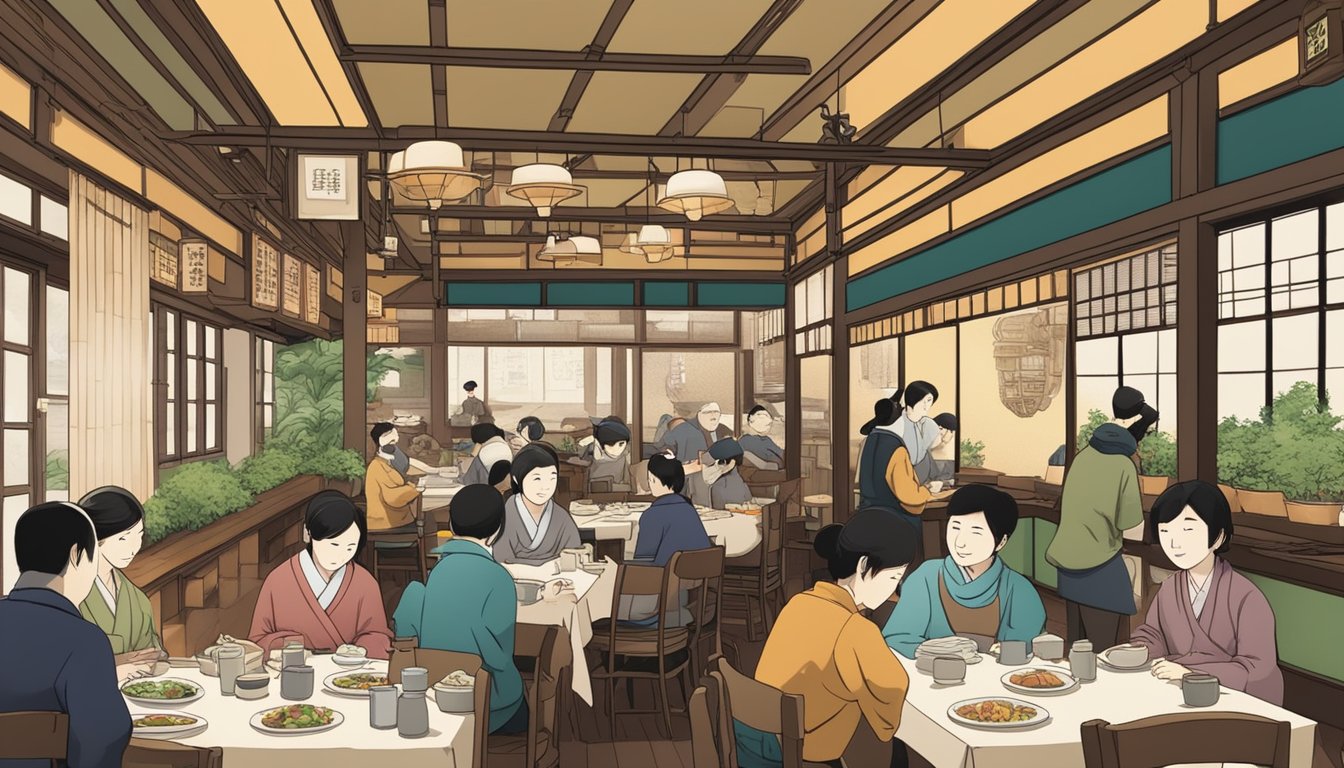 A bustling Japanese restaurant with a sign reading "Frequently Asked Questions himawari" and patrons enjoying their meals at traditional low tables