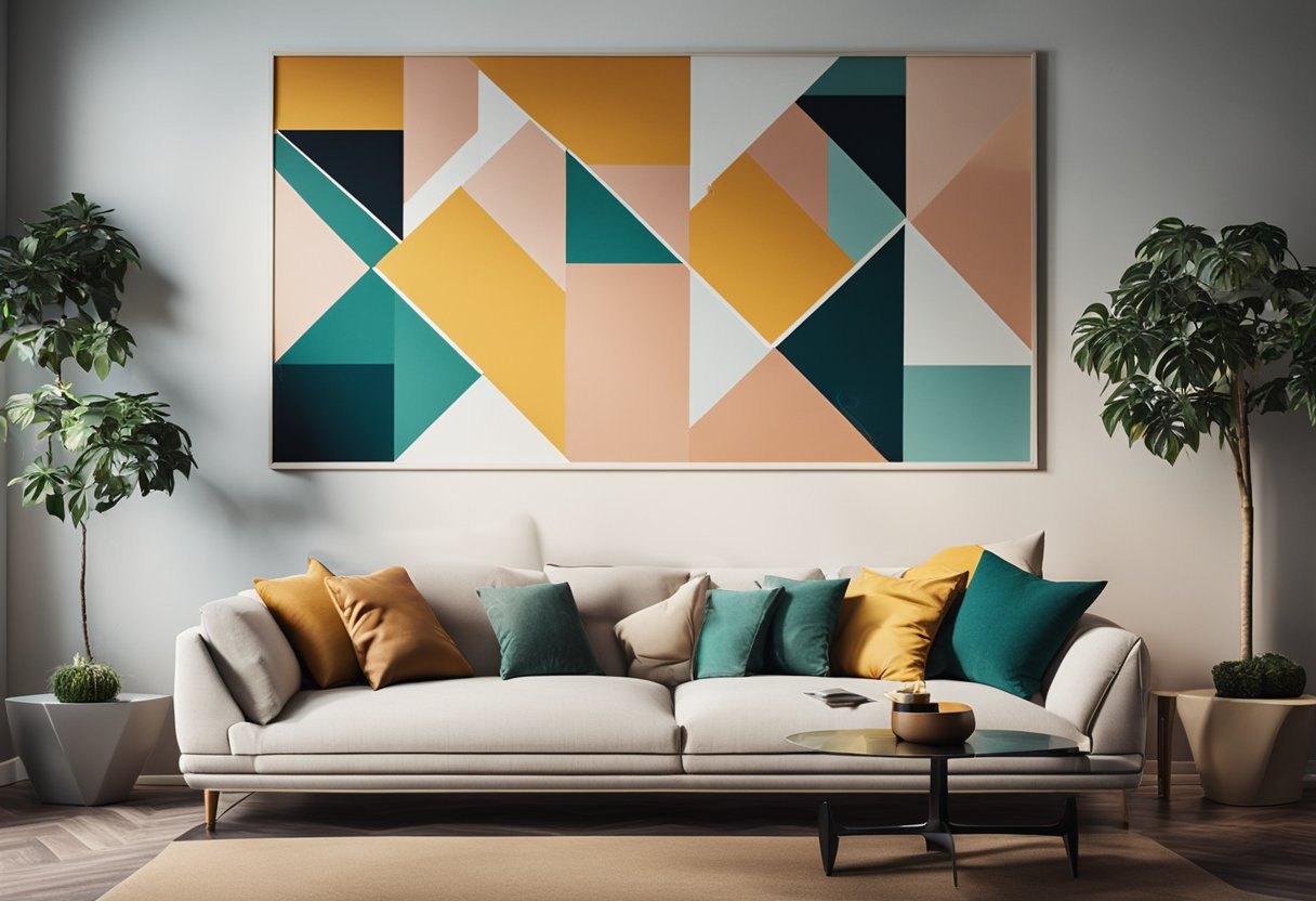 A modern living room with a geometric back wall design using bold colors and clean lines