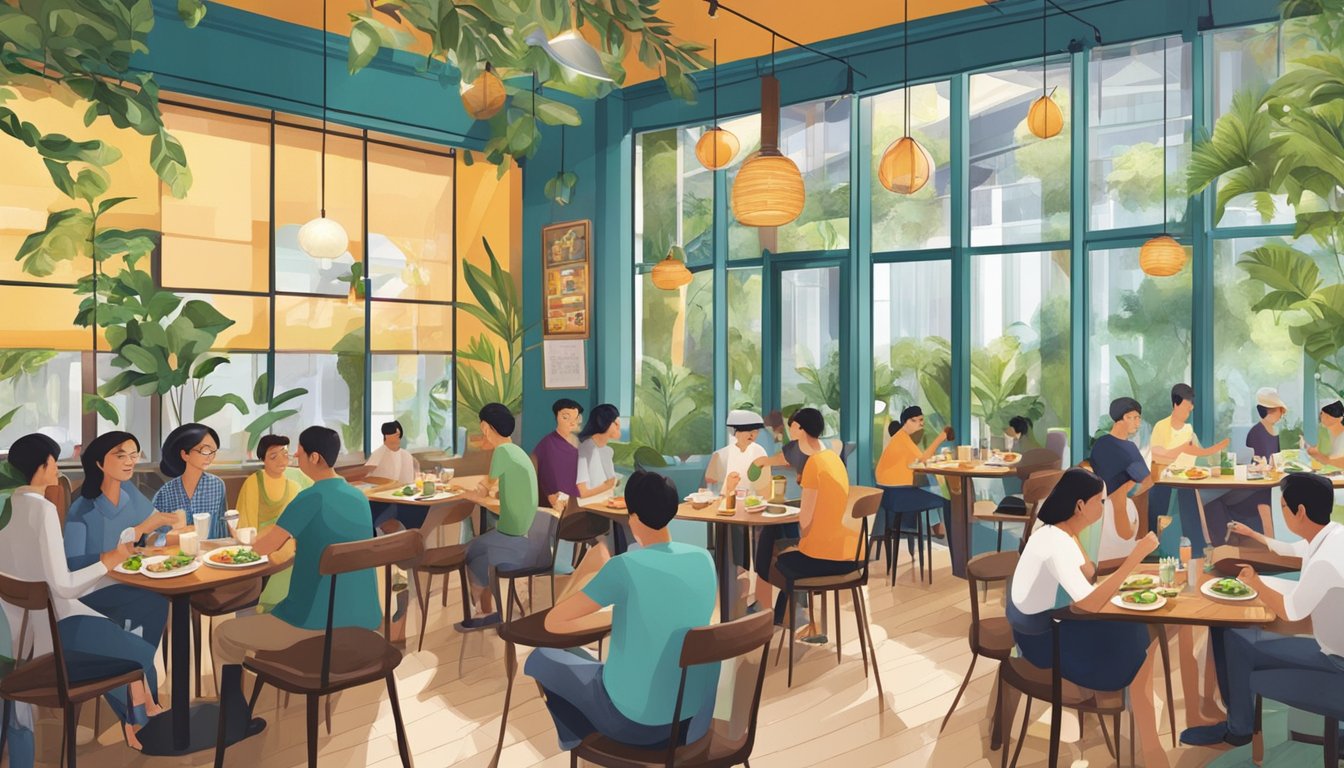 A bustling vegan restaurant in Singapore, with colorful dishes and lively atmosphere