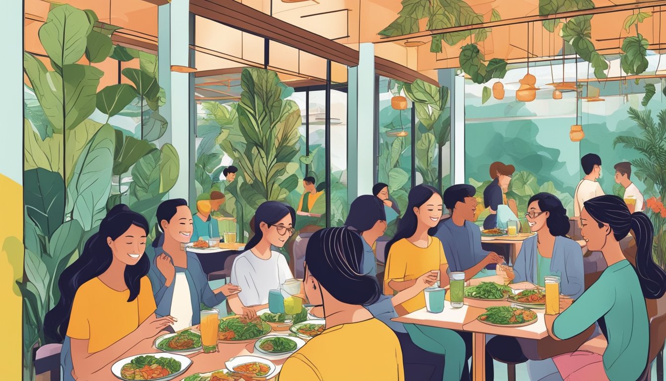 Customers sampling colorful vegan dishes in a modern Singaporean restaurant. Vibrant plates of plant-based cuisine line the tables, creating a lively and inviting atmosphere