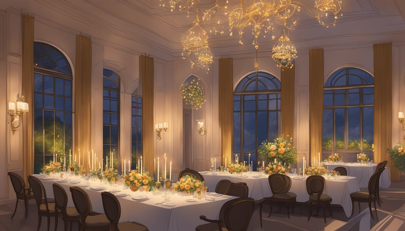 The warm glow of overhead lights illuminates the elegant dining area, where tables are adorned with fresh flowers and flickering candles. A gentle hum of chatter fills the air, creating a welcoming and sophisticated ambience