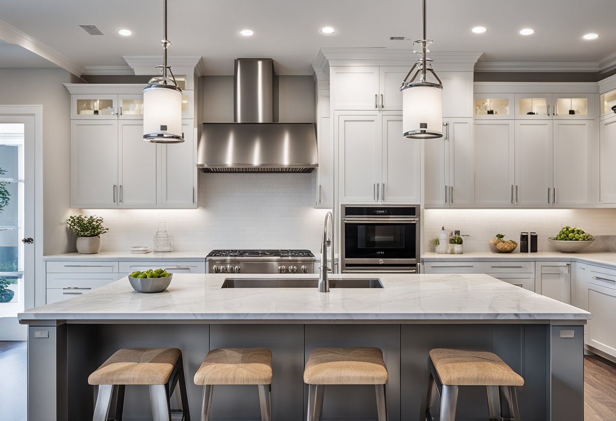 A bright, modern kitchen with sleek cabinets, marble countertops, and stainless steel appliances. A large island with seating and pendant lighting overhead