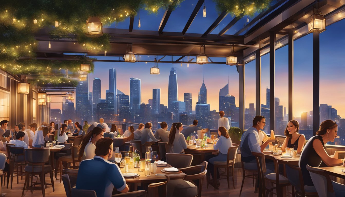The bustling atmosphere of Lavo Italian restaurant and rooftop bar, with diners enjoying their meals and drinks while taking in the stunning city skyline