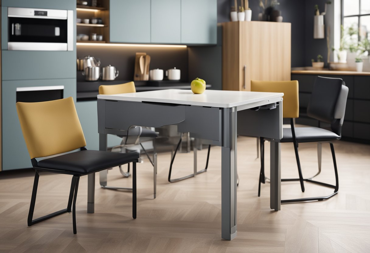 A compact kitchen table with foldable sides, storage compartments, and adjustable height, surrounded by space-saving chairs