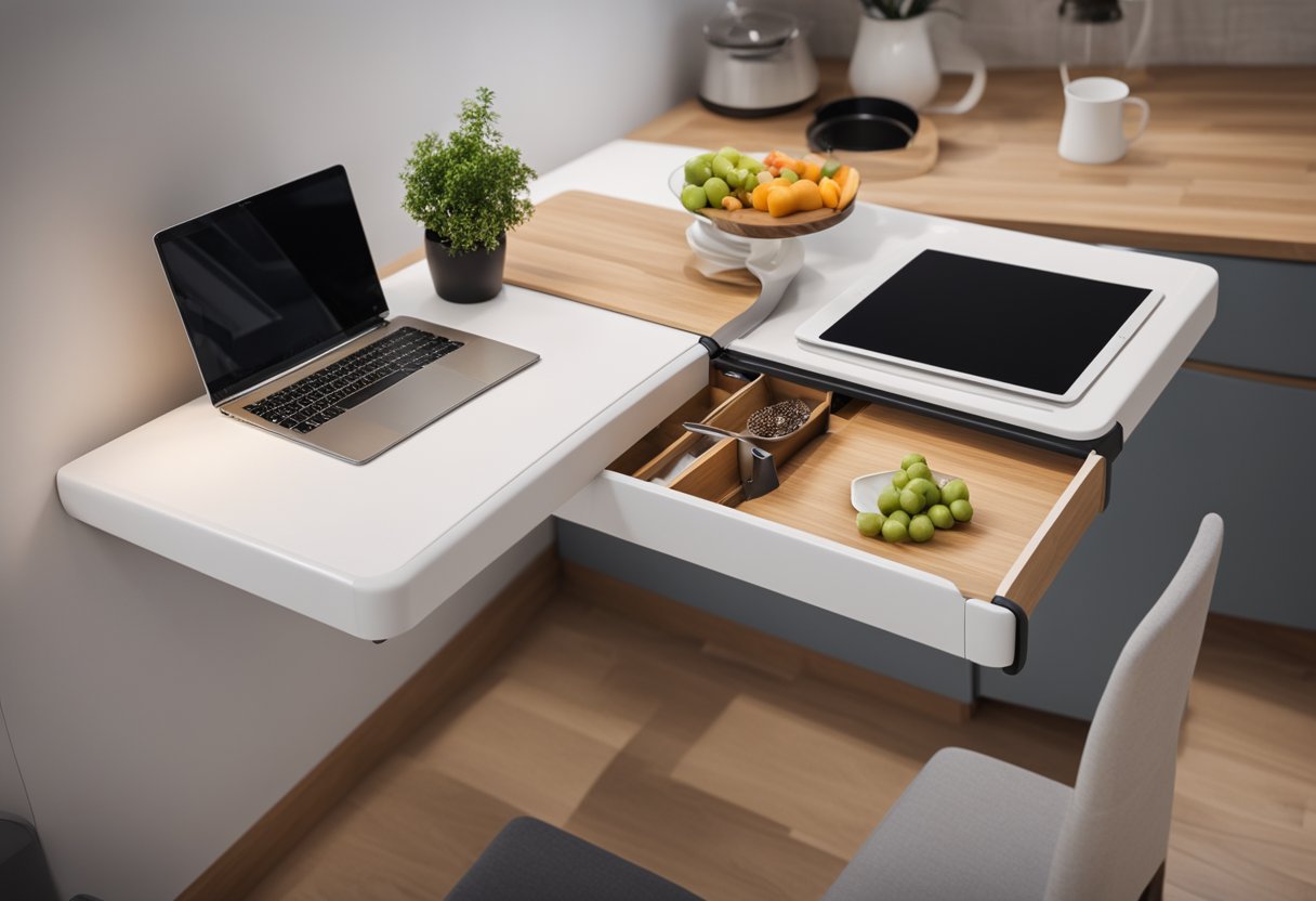 A compact kitchen table fits snugly into a corner, with foldable sides and built-in storage compartments for small spaces