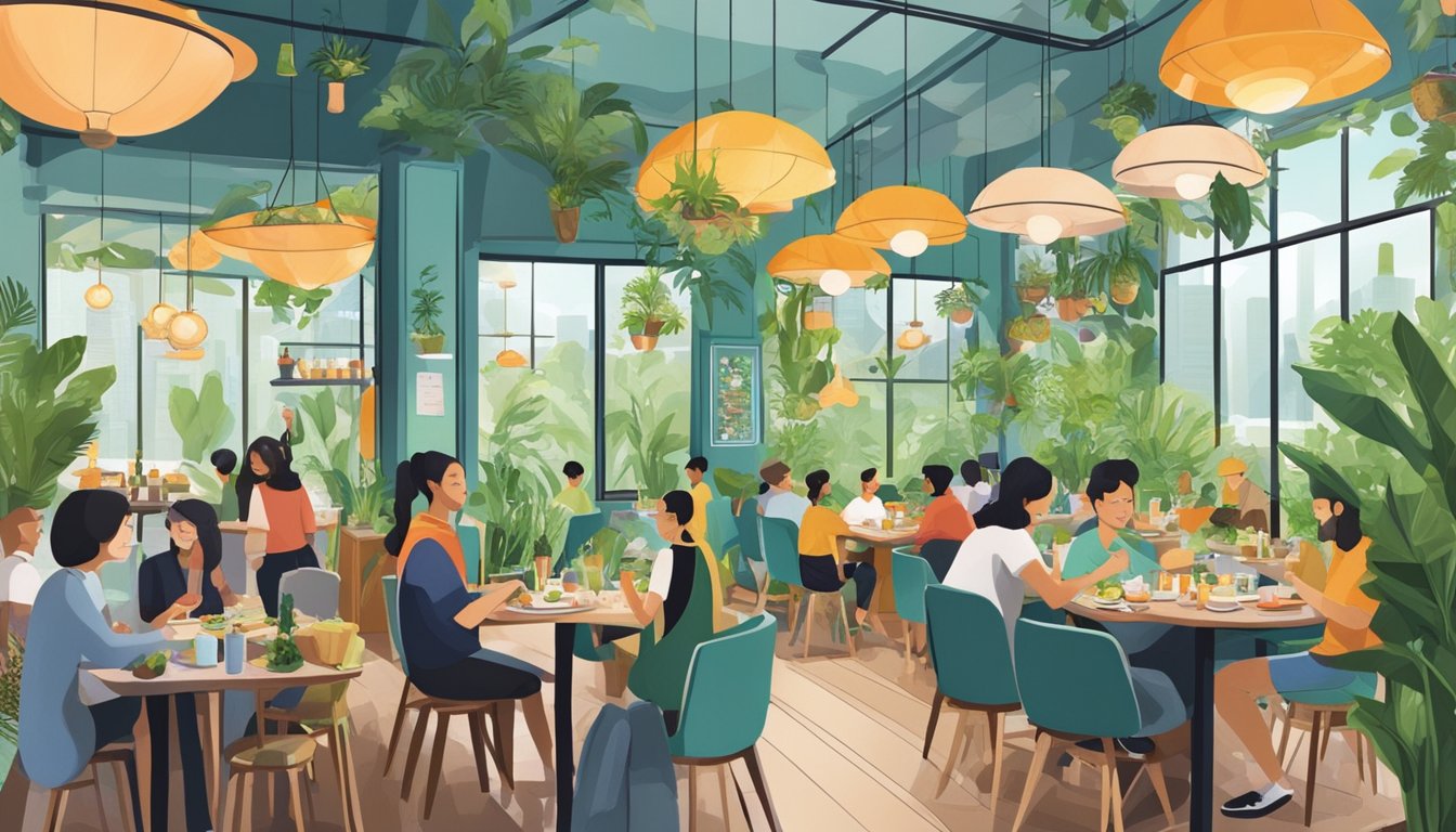 A bustling vegan restaurant in Singapore, with colorful dishes and aromatic specialties on display. Patrons enjoy plant-based meals in a vibrant, modern setting