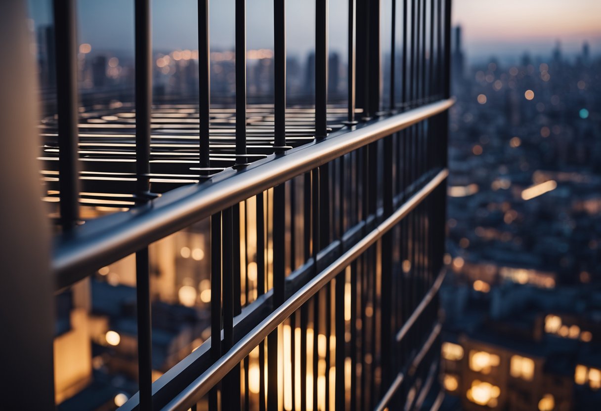 A modern balcony safety grill with sleek horizontal bars and geometric patterns, overlooking a city skyline at dusk