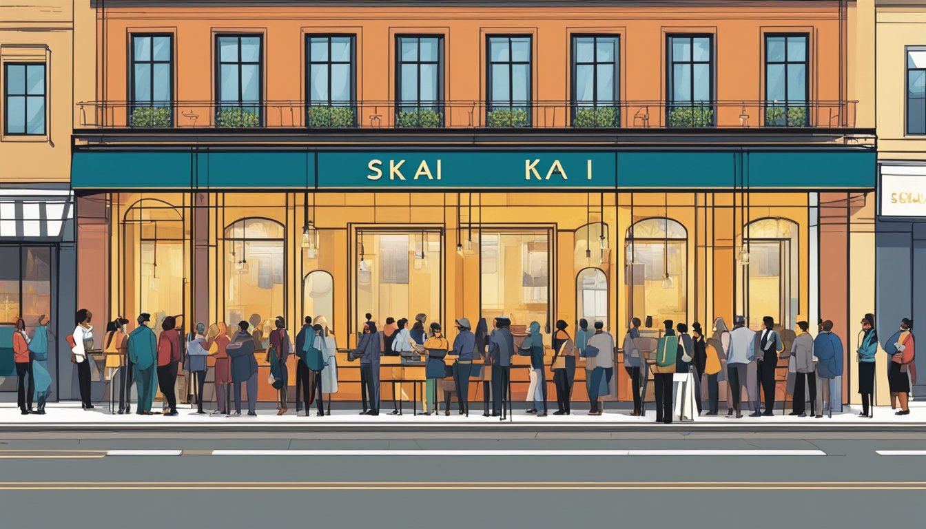 Customers line up outside the Skai restaurant, eager to taste the renowned cuisine. The sleek, modern facade and vibrant atmosphere create a sense of anticipation