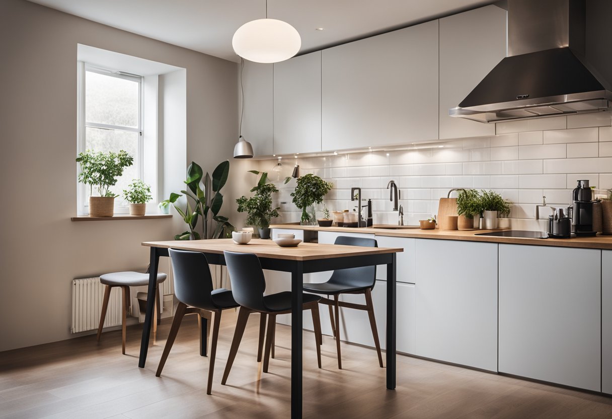 A small, cozy kitchen with a sleek, modern table and chairs. The table is compact yet stylish, with clean lines and a minimalist design, perfect for small spaces