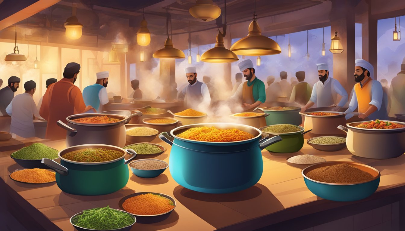 The bustling atmosphere of Bismillah Biryani Restaurant, with steaming pots, colorful spices, and aromatic flavors filling the air