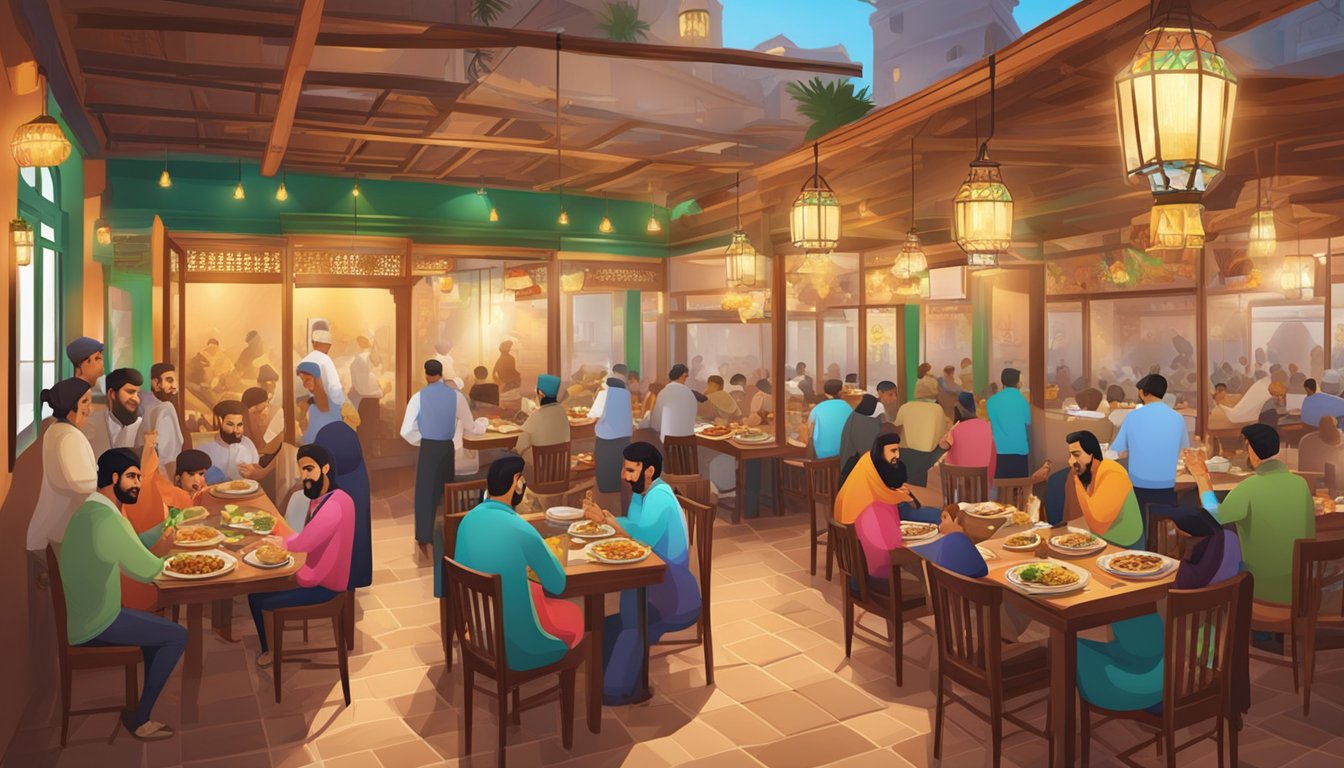 The bustling atmosphere of Bismillah Biryani Restaurant, with aromatic spices filling the air and colorful dishes being served to eager customers