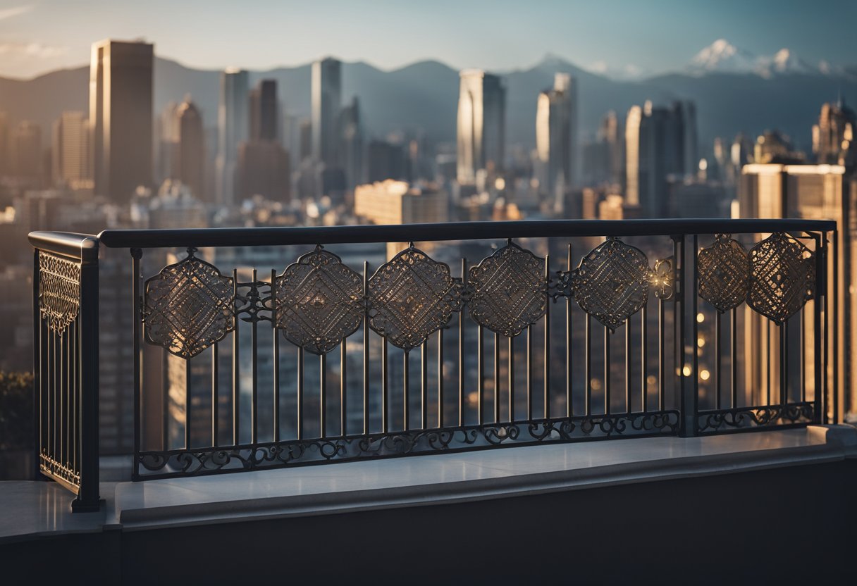 A balcony with intricate metal grill design overlooking a city skyline