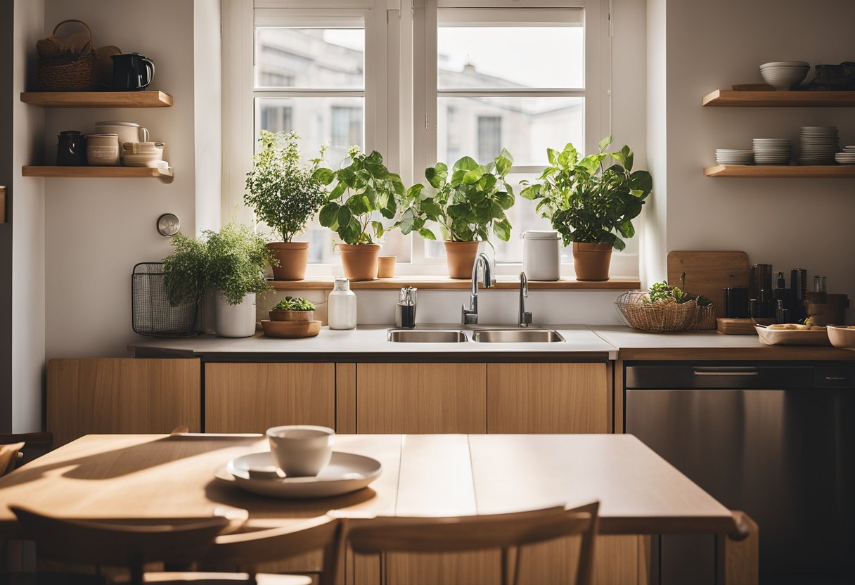 A small, cozy kitchen with a foldable table, stackable chairs, and clever storage solutions. Bright, natural light streams in from a nearby window, creating a warm and inviting space