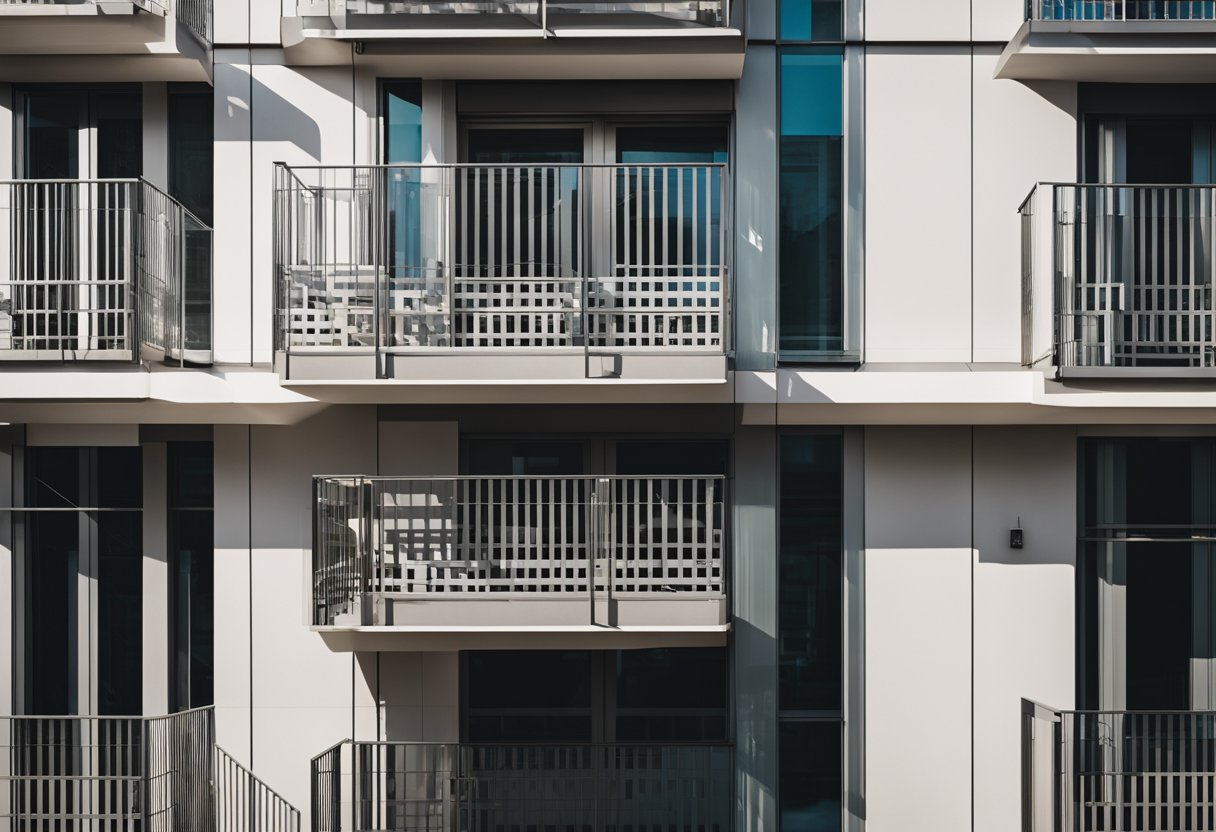 A modern balcony with sleek metal grill design, featuring geometric patterns and clean lines