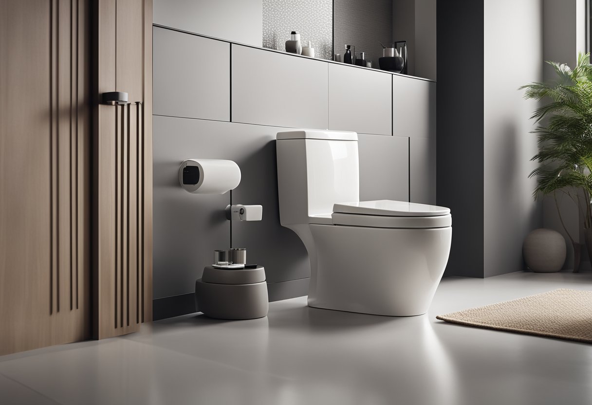 A minimalist toilet with clean lines and neutral colors, featuring a sleek, modern design and efficient use of space