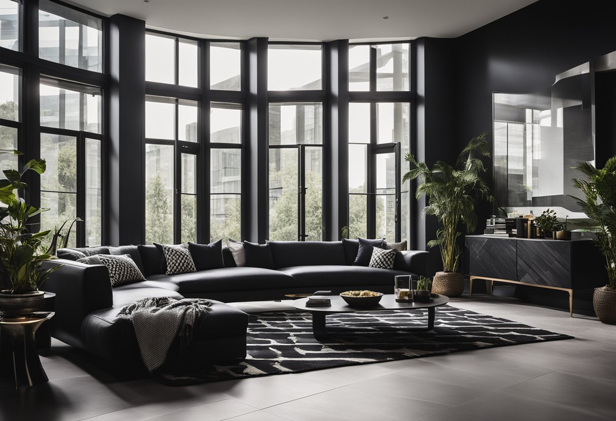 A black living room with sleek furniture, metallic accents, and a bold geometric rug. A large window lets in natural light, casting dramatic shadows
