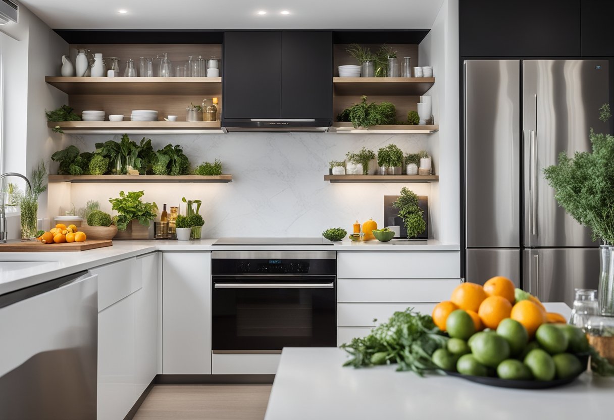 A modern kitchen with sleek white countertops, stainless steel appliances, and a pop of color from fresh fruits and herbs