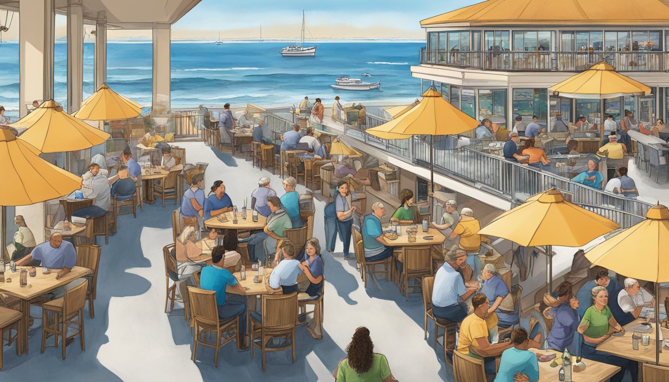 A bustling seafood restaurant by the Long Beach waterfront, with outdoor seating and a view of the ocean