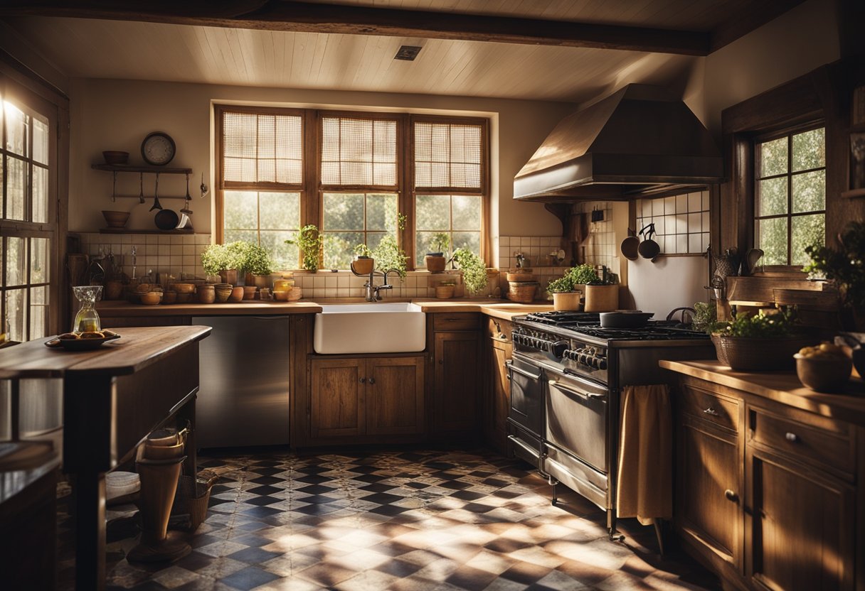 A cozy country kitchen with rustic wooden cabinets, a farmhouse sink, and a vintage stove. Sunlight streams in through lace curtains, casting a warm glow over the checkered floor