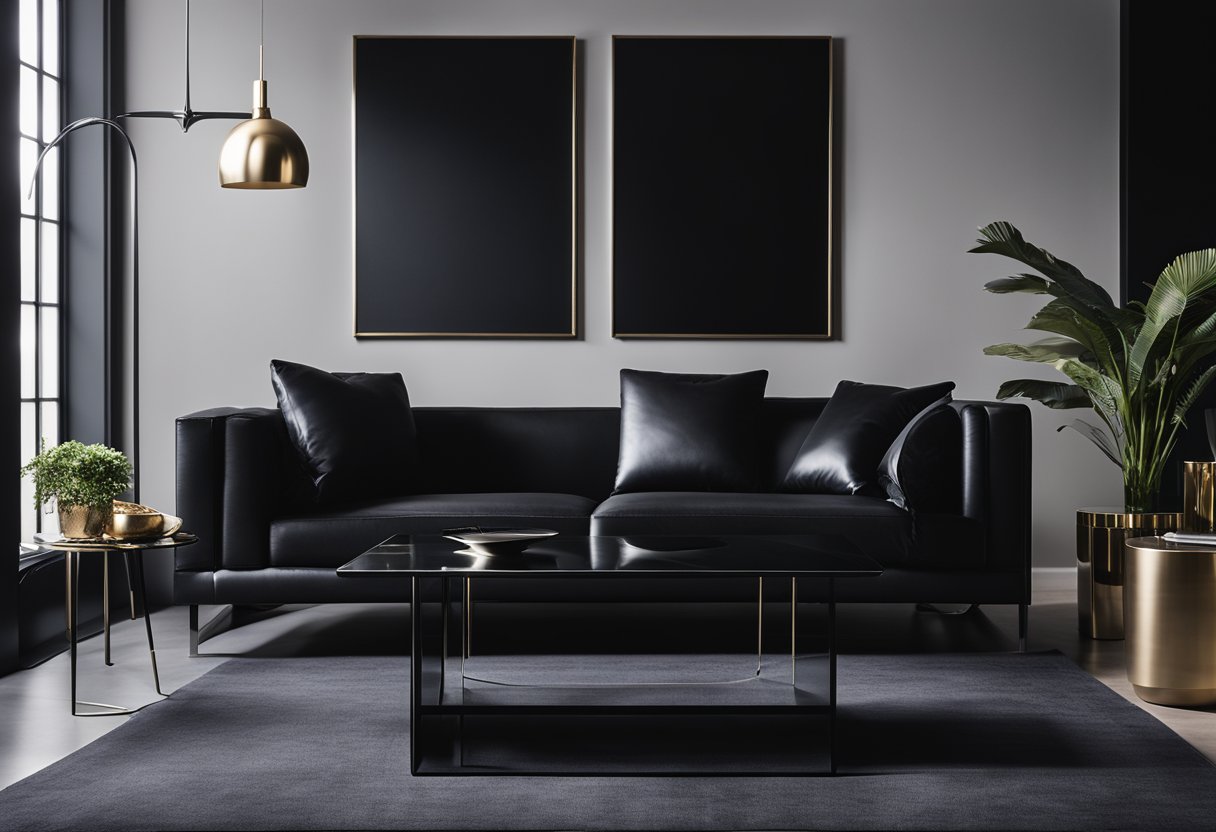 A sleek black sofa sits against a charcoal wall, accented by glossy black coffee table and matte black bookshelf. A plush black rug anchors the space, while metallic accents add depth and contrast