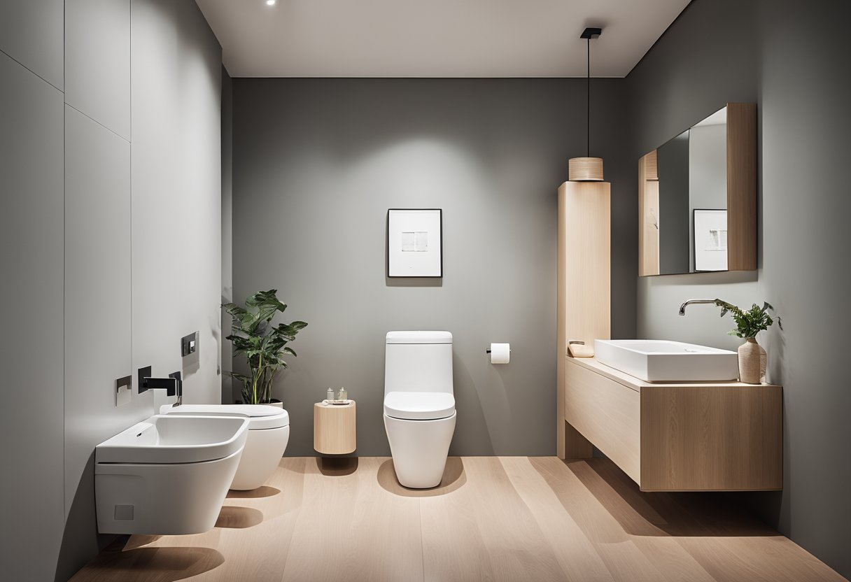 The scene shows a minimalist Muji toilet design with clean lines and neutral colors. Materials include sleek ceramic, stainless steel, and natural wood accents