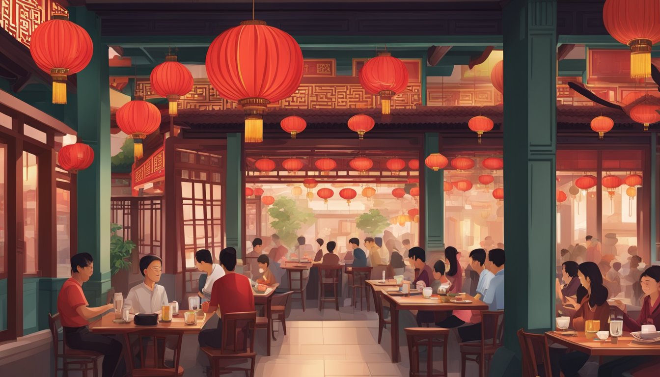 Vibrant Chinese restaurant in Singapore with red lanterns, ornate decor, and bustling atmosphere