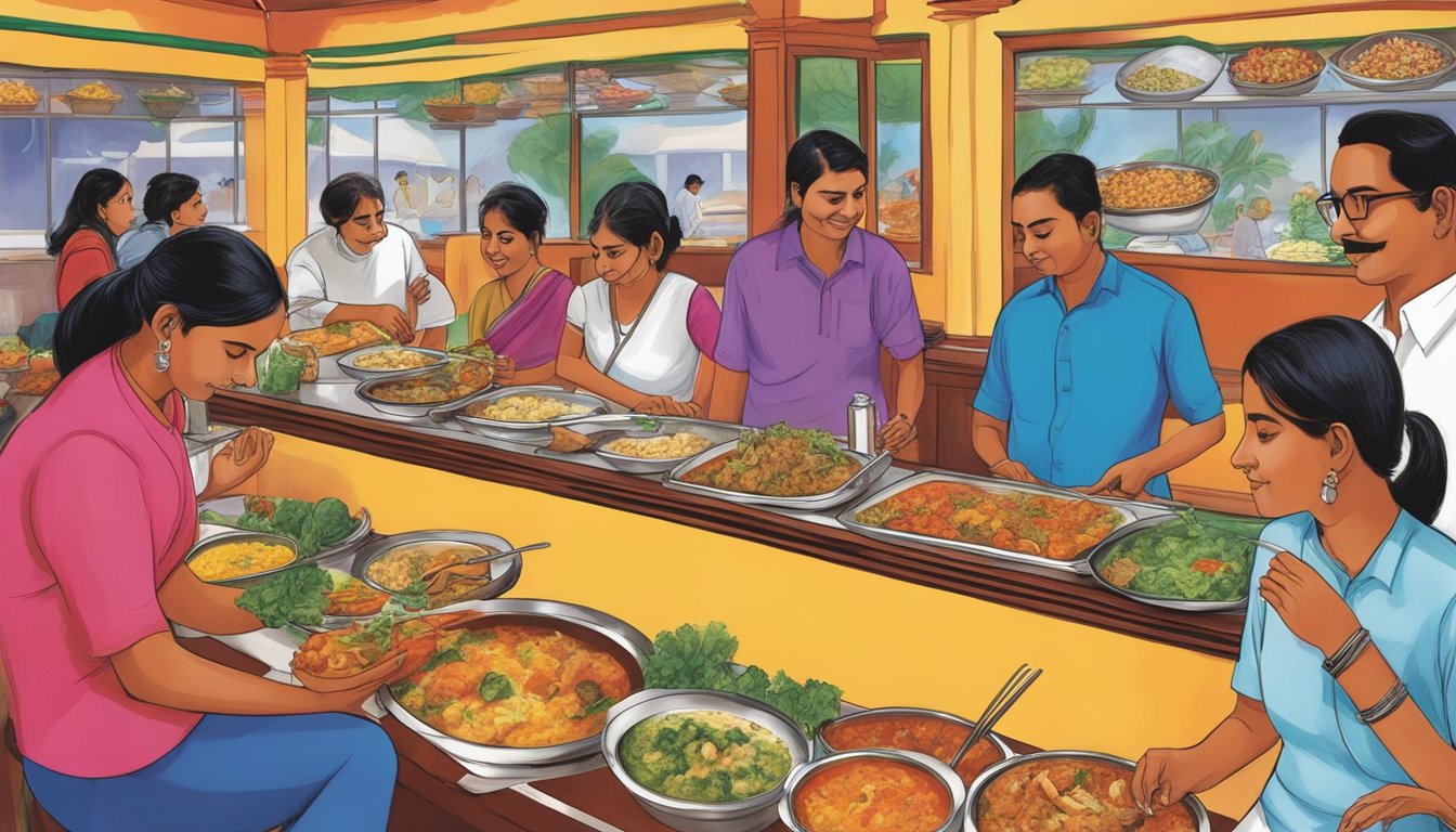 Customers peruse the colorful menu at Komala Vilas restaurant, with a variety of South Indian dishes on display. The vibrant and bustling atmosphere adds to the excitement of exploring the menu