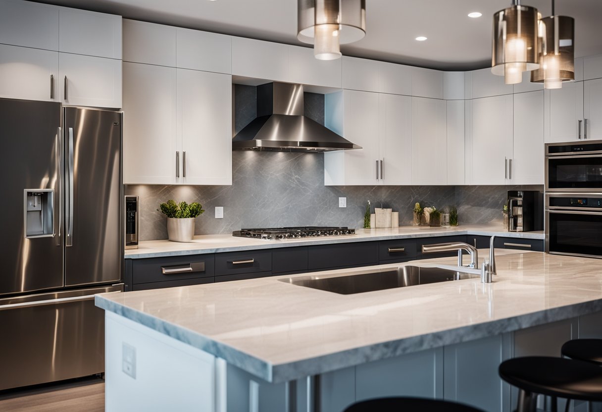 A clean, modern kitchen top with sleek stainless steel appliances, marble countertops, and minimalist fixtures