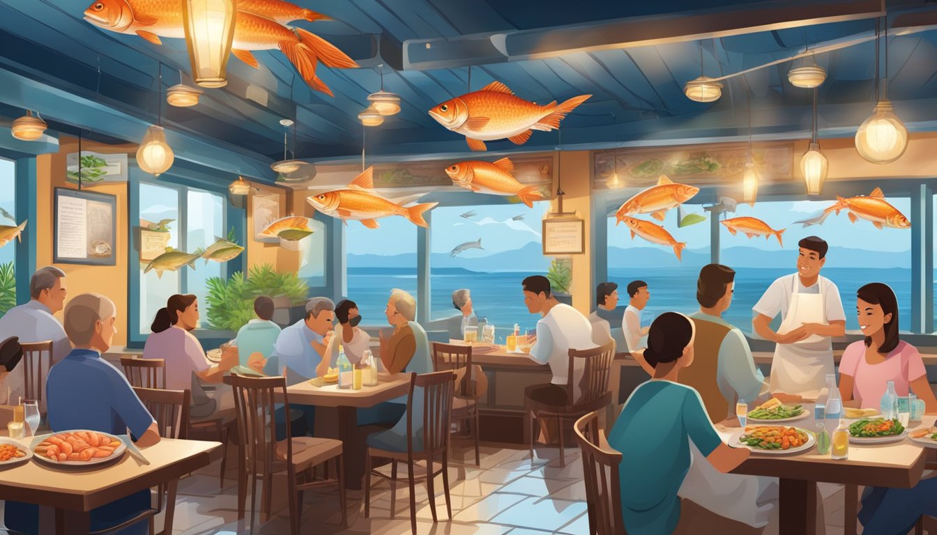 A bustling seafood restaurant with colorful decor and a display of fresh catches. The aroma of grilled fish and garlic fills the air