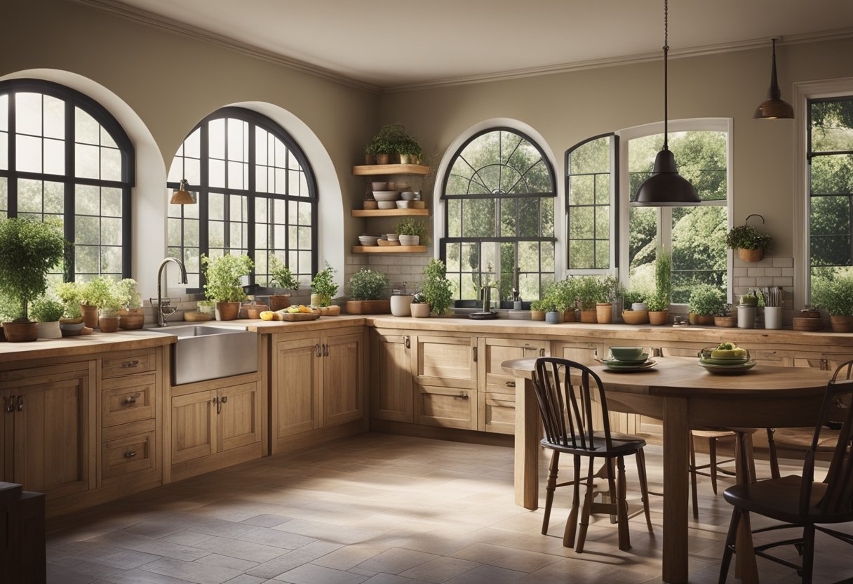 A rustic country kitchen with wooden cabinets, a farmhouse sink, and a large window overlooking a garden. There is a cozy breakfast nook with a round table and mismatched chairs