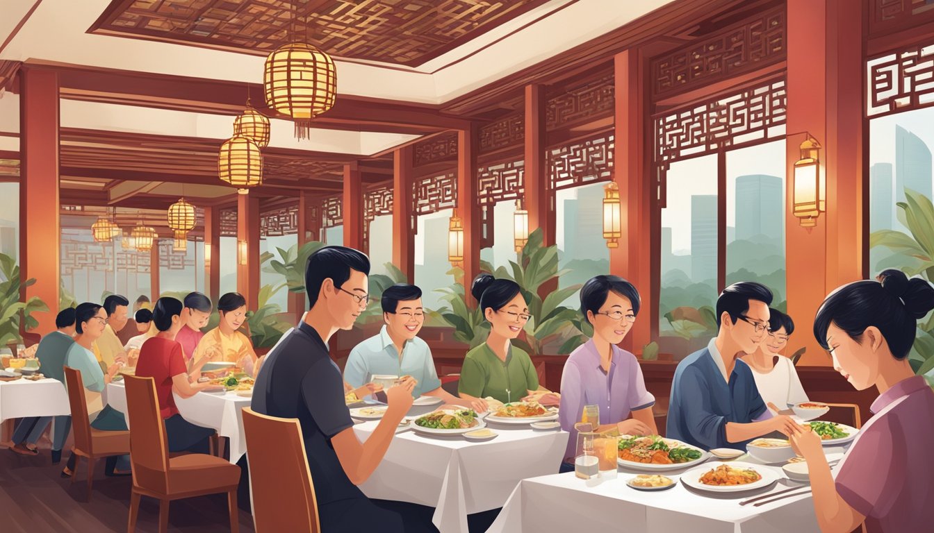 Customers enjoying a feast of traditional Chinese dishes in a vibrant and elegant restaurant setting in Singapore
