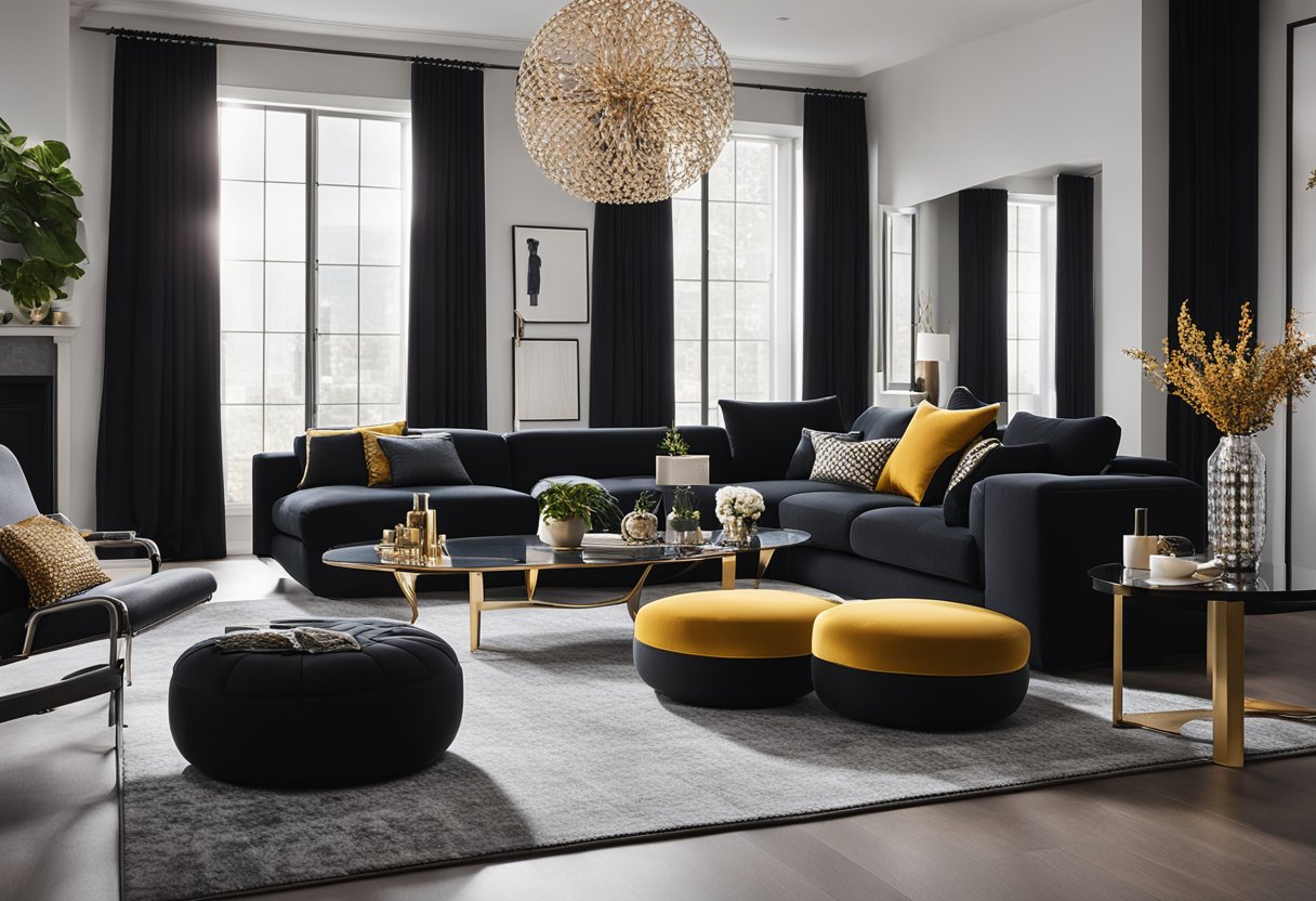 A sleek black living room with metallic accents and pops of color. A large, comfortable sectional sofa sits in the center, surrounded by modern art and statement lighting