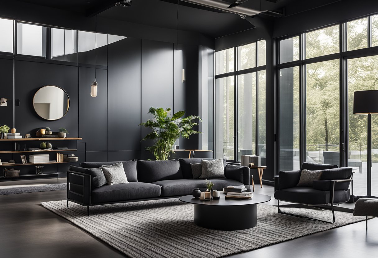 A sleek black living room with modern furniture and minimal decor. A large, comfortable sofa sits in the center, surrounded by black accent chairs and a low coffee table. The room is bathed in natural light from floor-to-ceiling windows