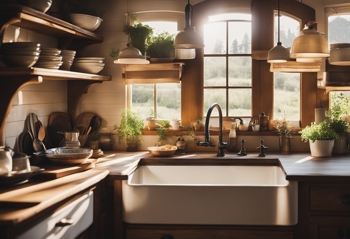 A cozy, rustic kitchen with warm wood accents, farmhouse sink, and open shelving filled with vintage dishes and cookware. Sunlight streams in through a large window, illuminating the inviting space