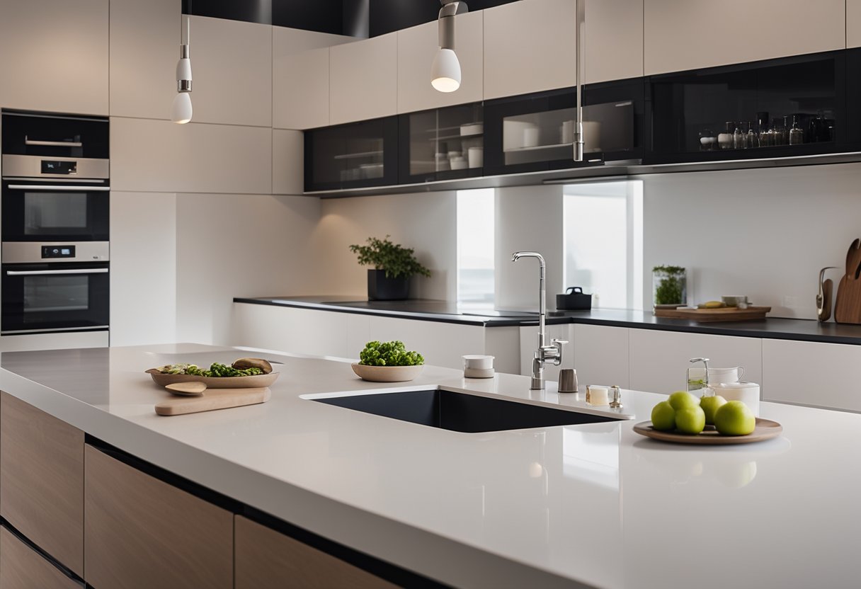 A sleek, modern kitchen top with integrated appliances and storage, featuring clean lines and a minimalist color scheme