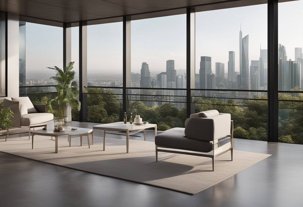 A modern, spacious concrete balcony with sleek lines and minimalist furniture, surrounded by lush greenery and overlooking a stunning city skyline