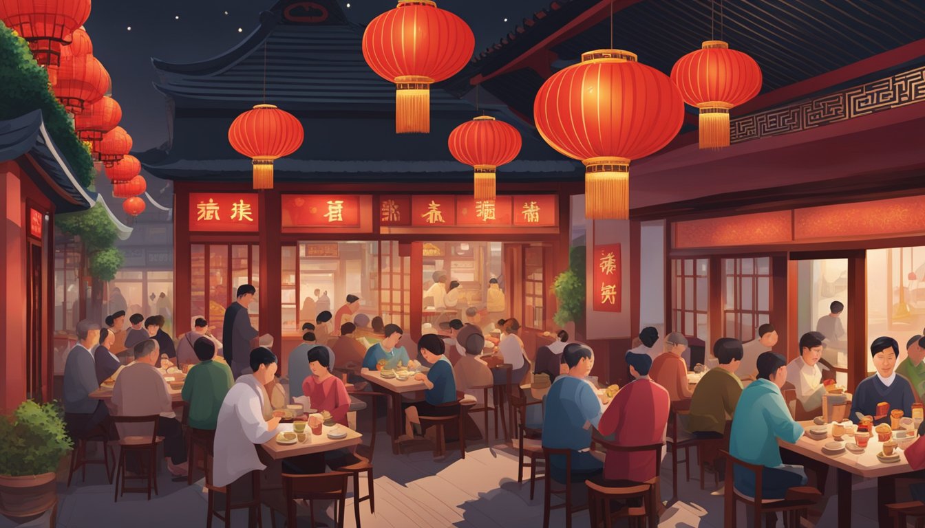 The bustling jia he Chinese restaurant, with red lanterns and aromatic dishes, filled with diners enjoying their meals