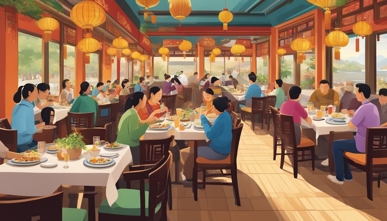 Customers enjoying a variety of Chinese dishes in a vibrant, bustling restaurant setting. Rich aromas and colorful plates fill the space