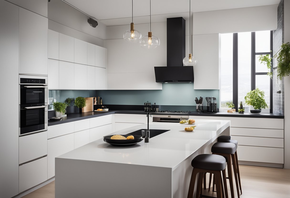 A modern kitchen with sleek countertops, clean lines, and ample storage space. The design is functional and minimalist, with a focus on organization and efficiency