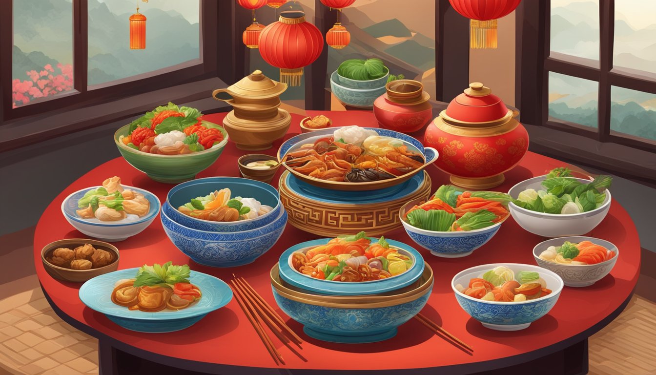 A table set with an array of colorful Chinese dishes, steaming with fragrant aromas, surrounded by traditional Chinese decor and vibrant red lanterns